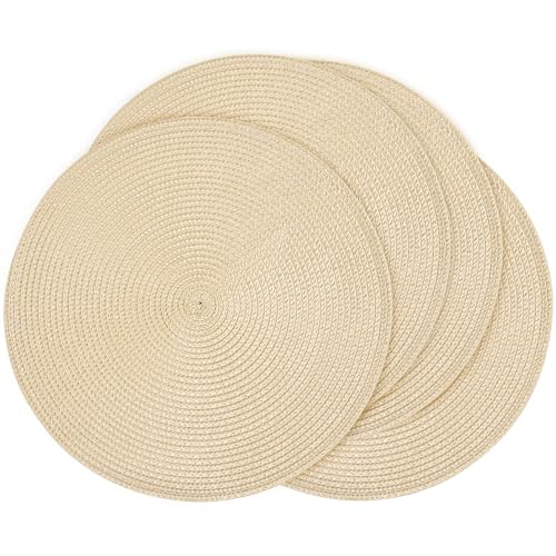 Feuille Round Braided Placemats Set of 4 Place Mats for Dining Table Woven Washable Non-Slip Table Mats 13.5 Inch (Beige, 4pcs)