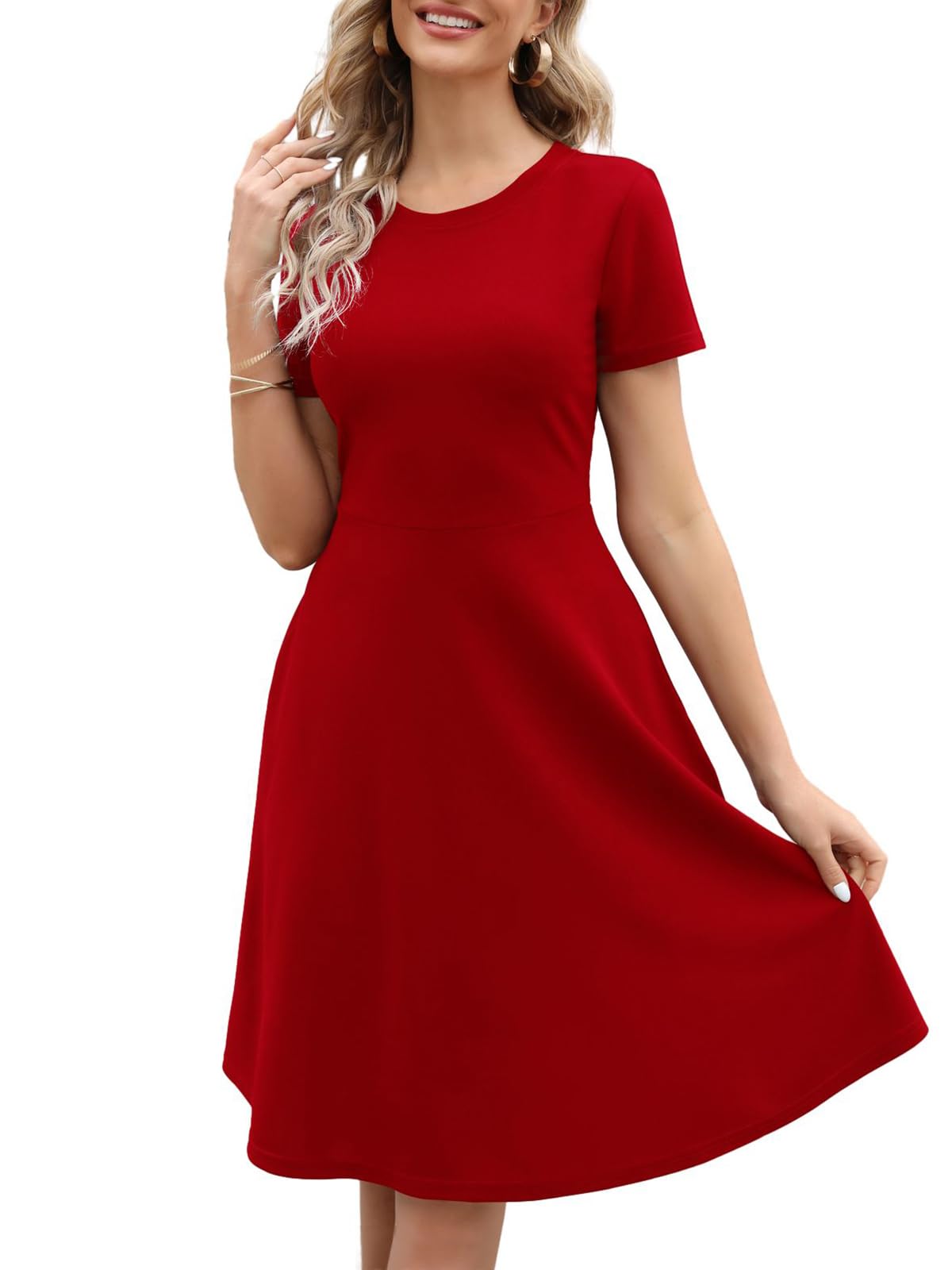 Womens Elegant Knee Length Dresses Vintage 50s Office Casual Floral Print Work Party A-Line Swing Dress with Pockets