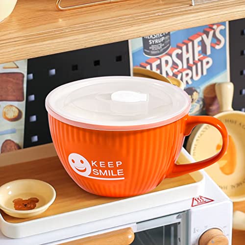 fMSDD Soup Mug with Lid, 28 Ounce, Ceramic Bowl with Handle and Lid, Dishwasher and Microwave Safe, Food Containers for Soup, Stew, Noodle and Salad, Orange