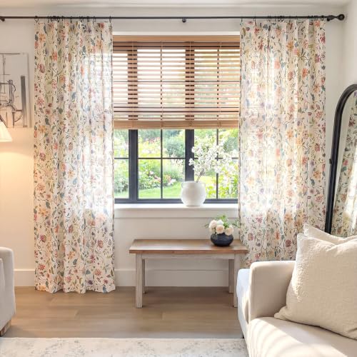 Image of jinchan Custom Size Curtain Beige Floral Linen Curtain Back Tab 1 Panel