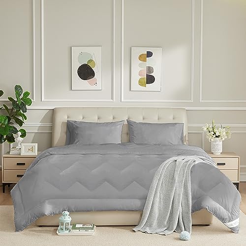 HOMTEC Full Size Duvet Insert 100% Cotton Down Alternative Comforter Dark Gray Quilted Fluffy Duvet Insert Lightweight All Season with 4 Corner Tabs Breathable Soft