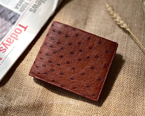 Light Brown Ostrich Leather Slim Bifold Wallet Double Side Exotic Wallet Multiple Pocket Holder Passcase RFID Blocking Security Handmade Gift For Men VINAMOS-062