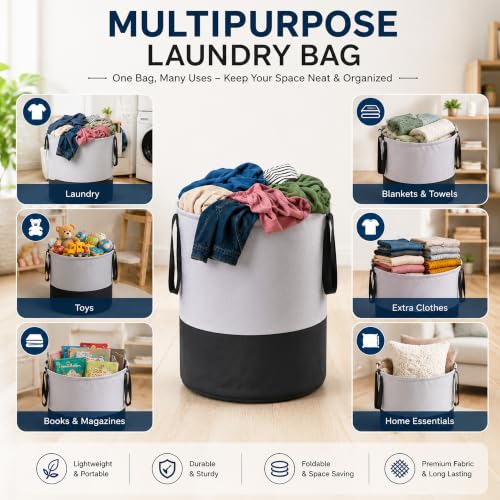 Image of GLUN Grey Plain Cylindrical Linen Bag, Pack of 1, 45 Litre Capacity Grey & Black, Water-Repellent, Lightweight & Durable Bag for Toys, Dirty Clothes, Stationery Items, Space Saving Item