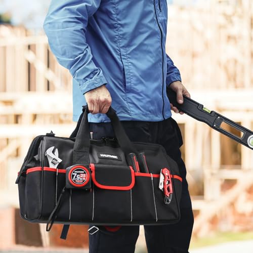 Image of HAUTMEC 3-Piece Large Tool Bag Set (12 inch / 18 inch / 24 inch), Heavy-Duty 1680D Wide Mouth Tool Bag with Metal Frame, Foldable Tool Tote Bag with Non-Slip Base, Double Zippers & Padded Shoulder Strap - HT0297