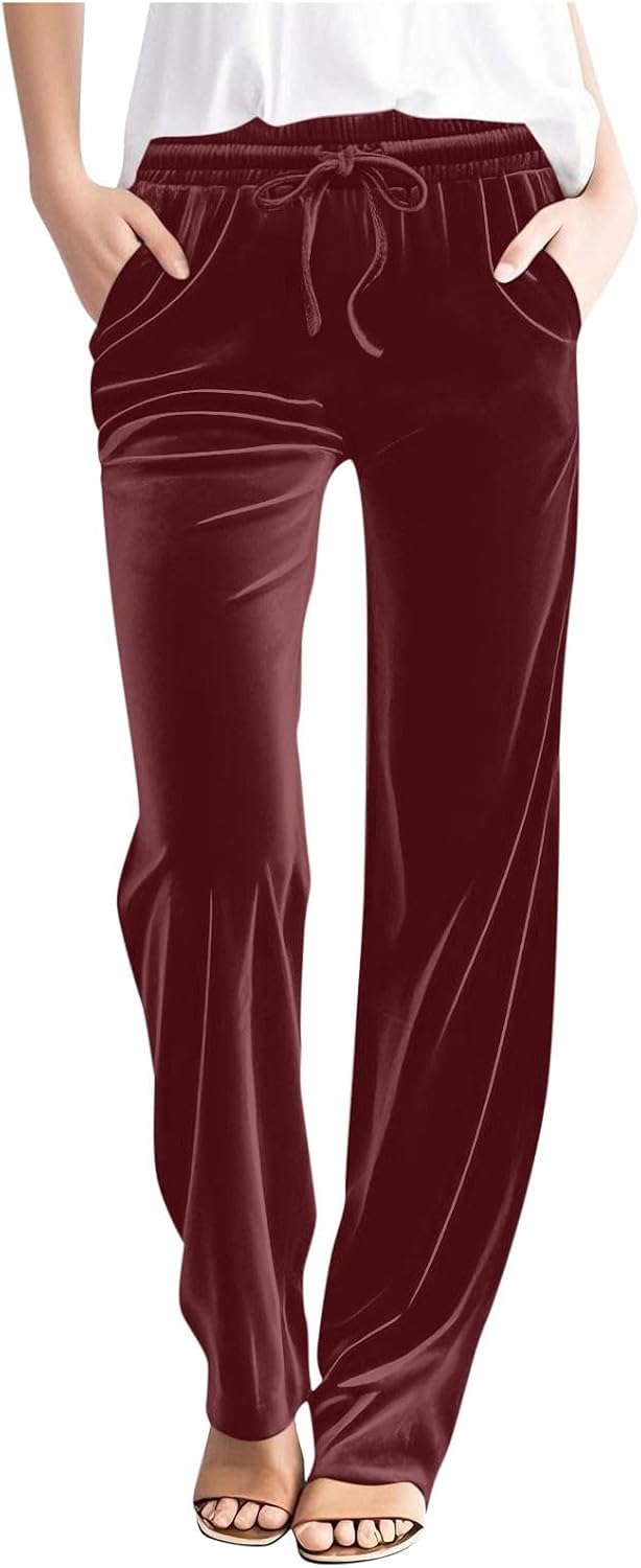 Women's Velvet Pants Drawstring Waist Wide Leg Casual Lounge Pant Soft Straight-Leg High Waist Velour Sweatpants with Pockets