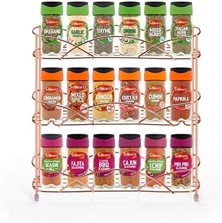 Vinsani Spice Rack 3 Tiers - Kitchen Shelf Organiser for Jars Bottles Space Saving Storage - Free Standing - Rose Gold