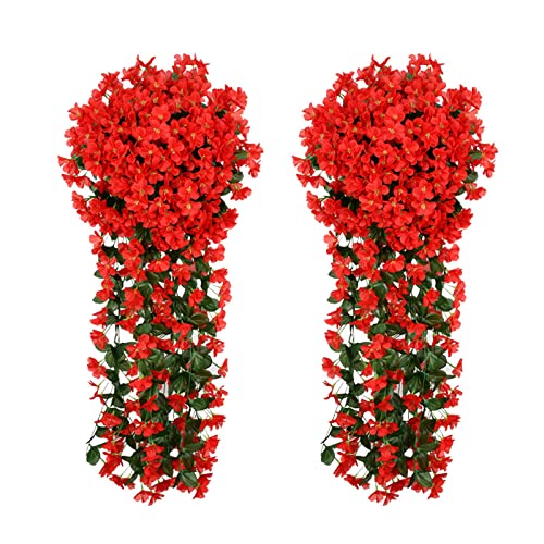 Vivid Artificial Hanging Orchid Bunch, 2 Pack Silk Long Hanging Bush Flowers String, Colorful Orchid Flower Bouquet Fake Hanging Plants For Garden Party Holiday Wedding Indoor Outdoor Decor (Red) #TOP4