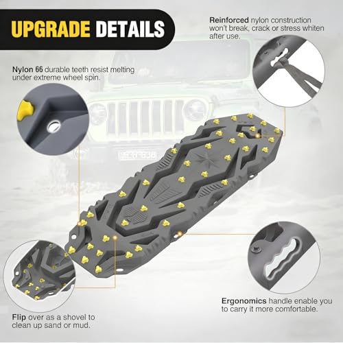 Image of Nilight Recovery Off-Road Traction Boards 2Pcs 43 inchL x 13.3 inchW with Yellow Teeth for 4WD 4X4 Mud Sand Snow Includes 2PCS Mounting Kit & Carry Bag (Grey)