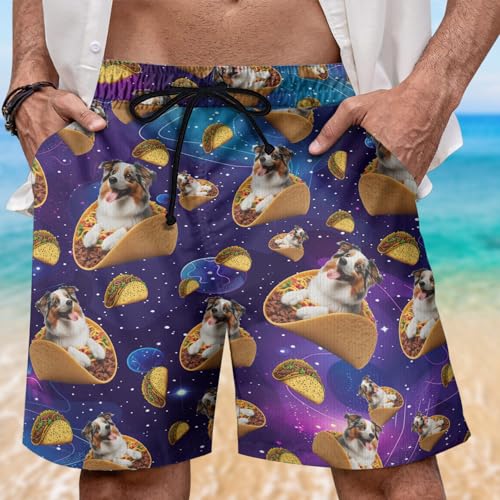 Funny Dog Mens Swim Trunks - Space Taco Hawaiian Mens Shorts Casual - Summer Drawstring Beachwear Shorts PA652