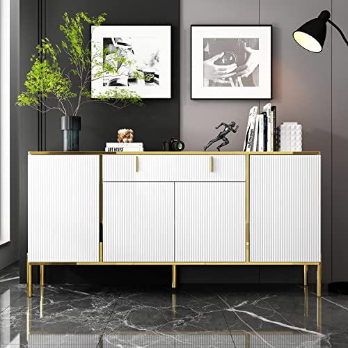 Famapy Modern Credenza Sideboard Buffet With Drawer & Pop-Up Doors, Buffet Sideboard Storage Cabinet With Gold Metal Legs, For Living Room Hallway White And Gold (63”W X 15.7”D X 31.5”H) #TOP2