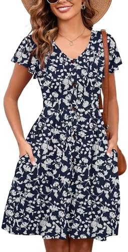 Heymoments Women Summer Dresses Ruffle Sleeve Casual V Neck Swing Button Down Flowy Dress with Pockets