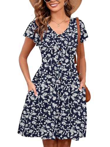 Image of Heymoments Women's Ruffle Sleeve V Neck Swing Sundress Summer Casual A-Line Midi Dress with Pockets S-2XL