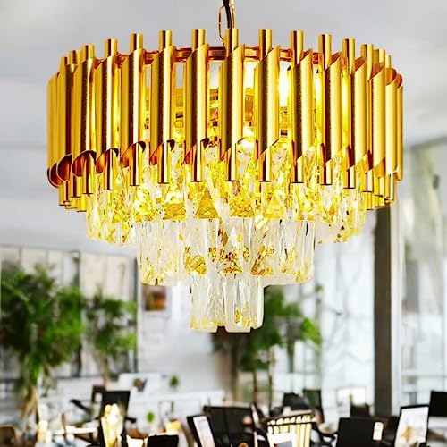 Image of DREAMY DESIGNS Chandelier Lights for Ceiling Gold 400MM 3-Tier K9 Crystal Chandeliers for Living Room with LED Warm White Ceiling Light for Hall Modern Jhumar Designer Bedroom and Dining Room