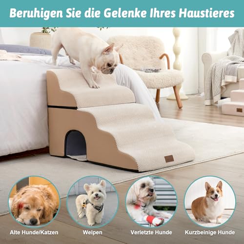 COZY KISS Hundetreppe für Kleine Hunde, Haustiertreppe für Hochbett aus Hochdichtem Schwamm, Hunde Treppe Hunderampe mit Waschbarem Bezug (Beige, 84 × 50 × 57 cm, 5)
