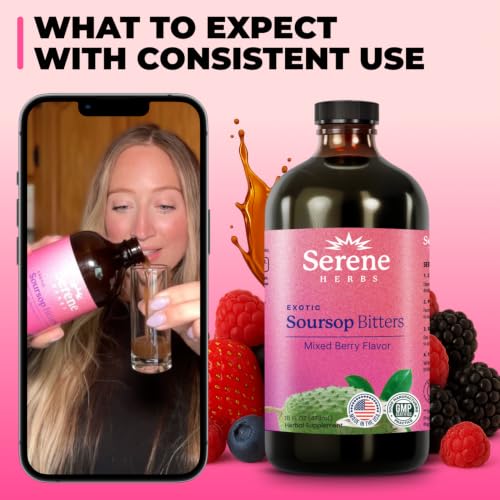 Image of Serene Herbs Soursop Bitters Liquid with Soursop Leaves for Gut Cleanse, Detox & Immune Boost with Black Seed, Moringa, Irish Moss, Ashwaganda, Turmeric,(16 Fl Oz (Pack of 1), Mixed Berry)