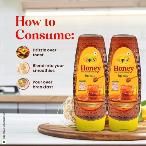 Image of Apis Multi-flora Honey Squeezy Pack 800g (400gx2, Pack of 2), Pure No Added Sugar or Adulteration | Fitness & Health | Natural Immunity Booster | Rich in Antioxidants