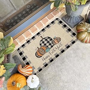   Happy-Fall-Yall-Doormat-Fall-Low-Profile-Front-Mat-Buffalo-Check-Plaid-Pumpkin-Door-Mats-Entrance-Non-Slip-Autumn-Rugs-Kitchen-Floor-for-Home-Patio-Indoor-Outdoor-Decor-Black-17x29-Inch