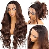 DeeThens 13x4 Brown Synthetic Lace Front Wig Pre Plucked HD Long Wavy Ombre Brown Lace Wigs for Women 28inch With Baby Hair