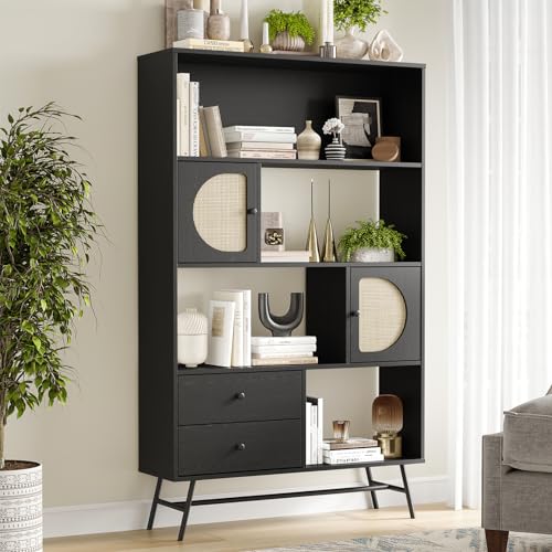Soohow 4 Shelf Bookcase and Bookshelves with Drawer, 65â€ Tall Bookcases with Storage Shelves, Bookshelves and Bookcases with Rattan Cabinet and Metal Legs for Home Office, Living Room and Bedroom.