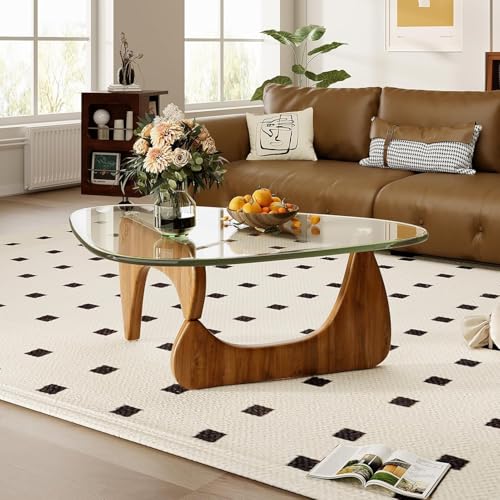 Coffee Table for Living Room, Small Mid Century Modern Center Table with Glass Top and Wood, Abstract End Table for Study Room Office Hotel (Walnut Transparent, Small 32.2 * 22.4 * 16in)