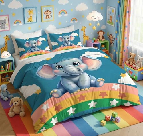 Image of HOMEKART Kids Cloud Cotton Bedsheet Double Bed | 210 TC Cartoon Printed Bedding Set with 2 Pillow Covers 7D | Soft, Wrinkle-Free | 108 x 108 Inches (Cute Elephant Rainbow)