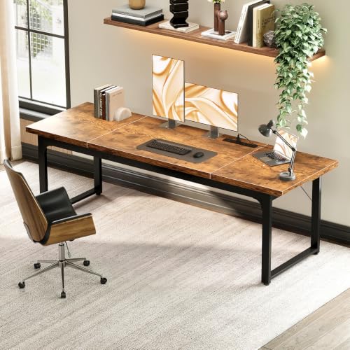 Image of Coleshome 79 Inch Long Computer Desk with Power Outlet, Thicker Desktop & Legs, Large Heavy Duty Office Desk for Home Office & Gaming, Rustic Brown