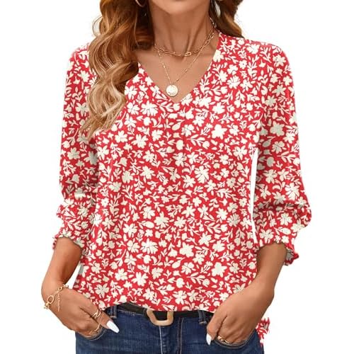 AKEWEI 3/4 Length Sleeve Womens Tops Summer Fashion V Neck Business Casual Blouses Smocked Shirts Red Floral Small