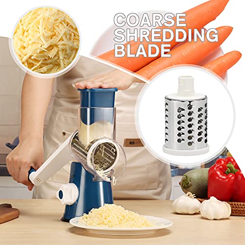 Cheese Grater Shredder Rotary Manual Vegetable Slicer 3 Interchangeable Round Stainless Steel Blades Walnut Grinder With Suction Base And Cleaning Brush Dark Blue #TOP1