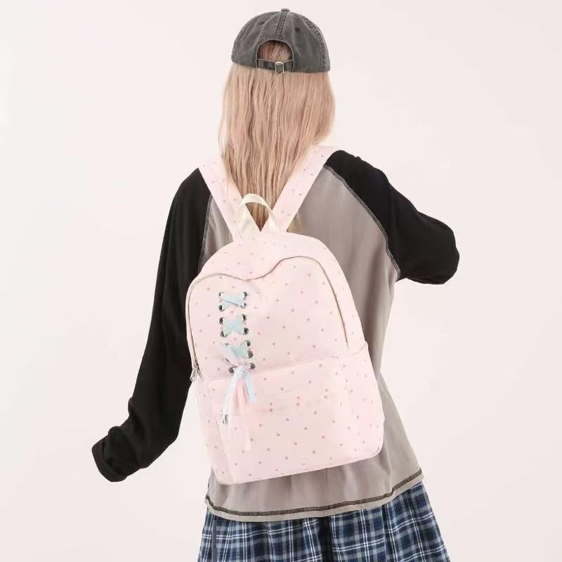 Women Casual Bag Polka Dot Print Versatile Travel Trip Backpack (Pink)3