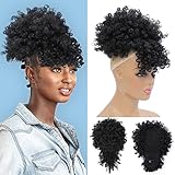 Fayasu Afro Puff Drawstring Ponytail with Bangs Short Ponytail Hair Extension Black Girl Kinky Curly Hair Clip in Bangs Updo Hairpieces for Black Women (1B)