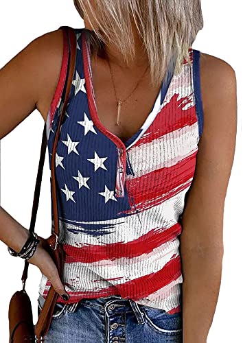 Womens American Flag Button V-Neck Tank Coloful Printed Sleeveless Patriotic Shirts Summer Tops (M Red-A)