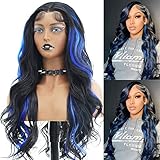 ANDRIA Blue Wig Highlight Lace Front Wig Loose Wave Wigs with Baby Hair Black mix Blue Wig Glueless Lace Wigs Long Body Wave Wig Synthetic Heat Resistant Fiber Colorful Wig for Black Women 24 Inches