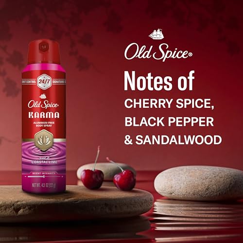 Image of Old Spice Aluminum Free Body Spray for Men, 24 /7 Signature Scent & Lasting Freshness, All-Day Odor Protection, Easy Application, Karma with Cherry Spice, Black Pepper, + Sandalwood Scent, 5.1 oz