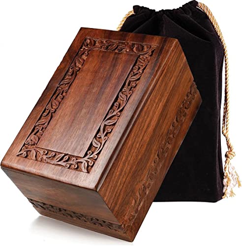 Handcrafted Rosewood Wooden Urn for Human Ashes Adult – 200 Cubic Inch Capacity – Engraved Border Funeral Urn for Ashes – Memorial Keepsake Box