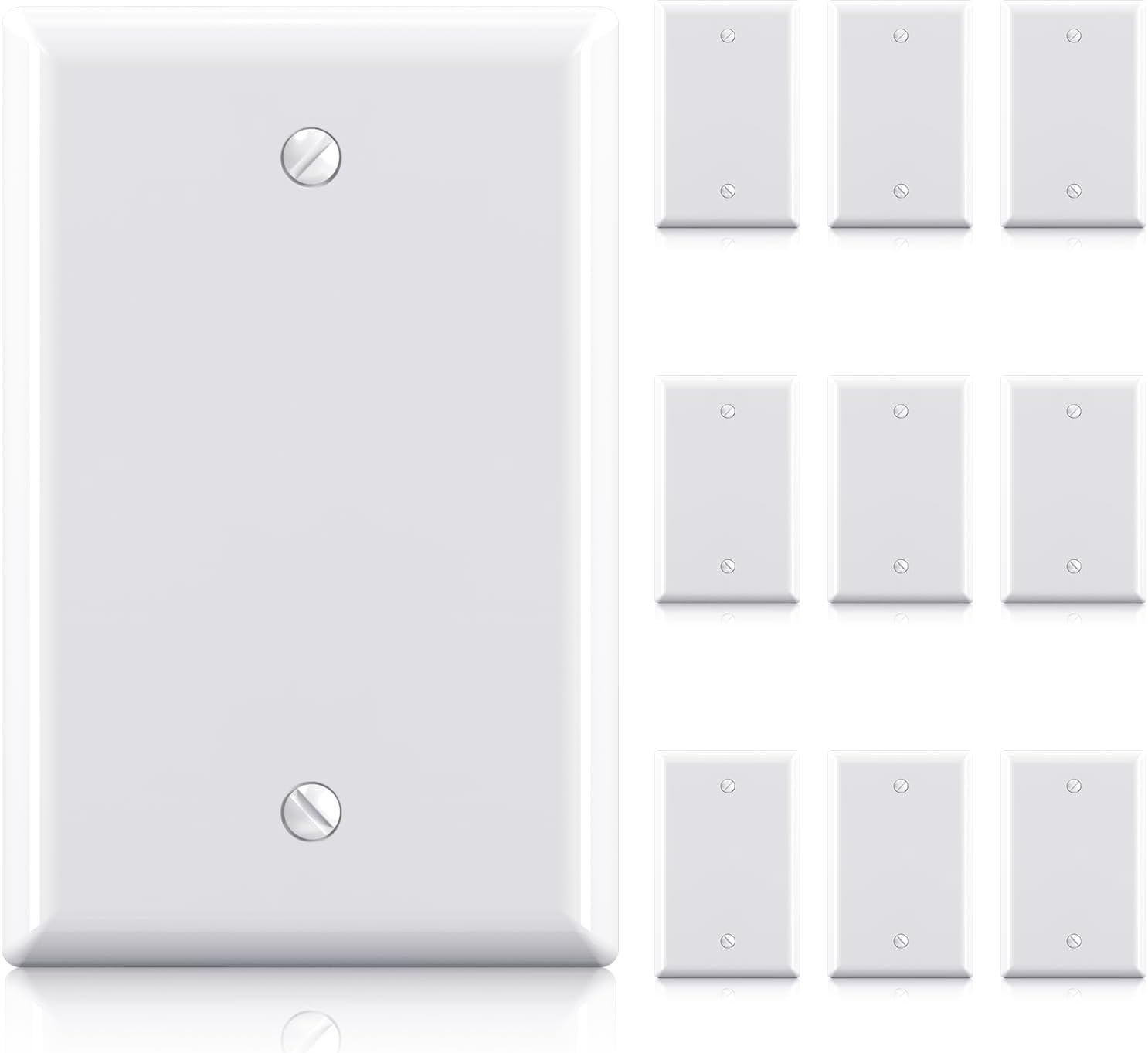 ELEGRP 1-Gang Blank Device Wall Plates, Mid-Size 4.88" H x 3.13" L Unbreakable Thermoplastic Blank Faceplate Cover for Unused Outlets/Switches, UL Listed (10 Pack, Glossy White)