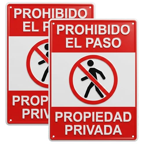 2 Unidades RELIEVE Cartel PROHIBIDO EL PASO PROPIEDAD PRIVADA | 21x28 cm Calidad AAA+| Aluminio Lacado y Relieve | Grosor 0.8 mm | Impresión UV | Interior Y Exterior | Señal Ojales Sujeccion