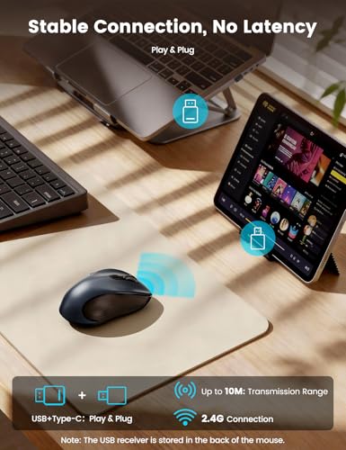 Image of WisFox 2.4G Wireless Mouse for Laptop, Ergonomic Computer Mouse with USB Receiver and Type-C Adapter, 3 Adjustable Levels, 6 Button Cordless Mice for Windows Mac PC Notebook (Grey and Black)