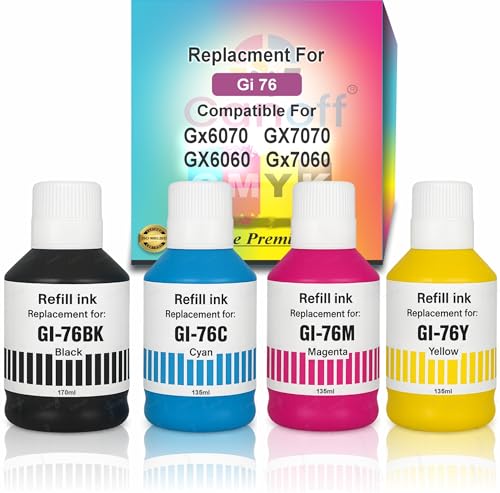 Image of CANOFF GI-76 GI 76 GI76 Refill Ink Bottle Compatible for GX6070, GX7070, GX6060, GX7060 Printers | High Yield Ink - BK 170ml, CMY 135ml | Premium Print Quality (Gi-76 CMYK)