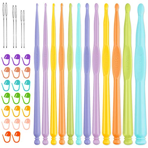 NiArt Plastic Crochet Hooks Set 12PCS 2-10mm 5.9" Color-Coded Comfortable Ergonomic Handle Needle DIY Knitting Art Craft Yarn Handcraft Weaving Tool Shawl Sweater (20 Stitch Markers+6 Big Eye Needles)