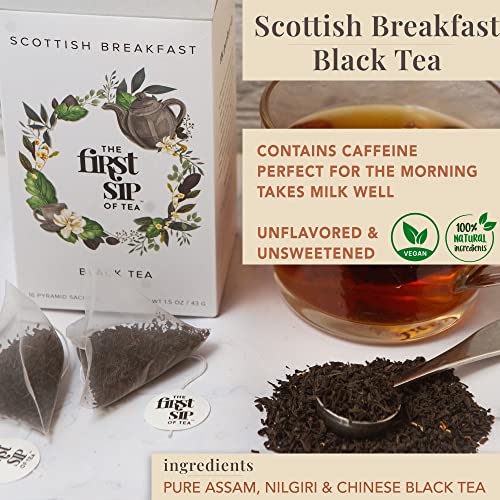 Scottish Breakfast Pure Black Tea, Pyramid Sachet Tea Bags, High Caffeine, Strong Black Tea For Morning, Unflavored - 16 Cups | The Spice Hut, First Sip Of Tea #TOP2