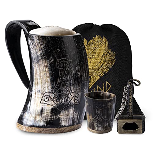 FENRIR Wikinger Trinkhorn-Tassen-Set – 473 ml mit Schnapsglas, Wikingergeschenke für Männer, Flaschenöffner, einzigartiges, handgefertigtes echtes Oxhorn, Tasse aus Nordhorn, für Bier, Ale, Met (Thor