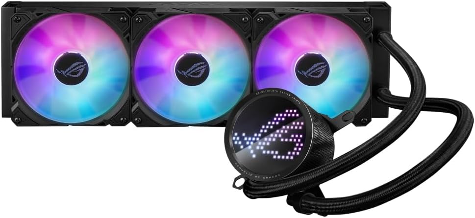 ASUS ROG RYUO III 360 ARGB All-in-one AIO Liquid CPU Cooler 360mm Radiator, Asetek 8th gen Pump Solution, Anime Matrix™ LED Display and ROG AF 12S ARGB Fan.
