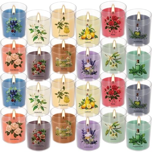 Image of Aromatherapy Candles Set - 24 Pack Scented Candles with 12 Natural Fragrances, Votive Candles in Clear Plastic Jars for Home Decor, Stress Relief, Sleep, Ideal Gift for Women,Mother's Day, Birthday.