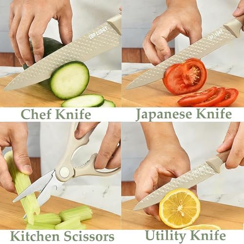 Kitchen Knife Set, 6-Piece Khaki Sharp Knife Set for Kitchen, Non-stick Non-slip Stainless Steel Chef Knife Set with Universal Knife Block Suitable for Home Restaurant (Khaki) 3