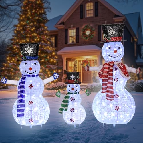 Snowman Christmas Decorations, Outdoor Snowman Family Decorations – Outdoor Holiday Décor for Lawn, Garden, Porch & Indoor Christmas Eve Lighting (Colorful)