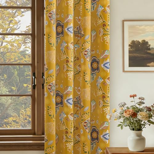 Image of XiDi Whimsical Vintage Floral Short Yellow Blackout Curtains 54 Inches Long | 2 Panels Mustard Yellow Luxury Botanical Room Darkening Mid Century Art Deco Window Curtain Drapes for Living Room Bedroom
