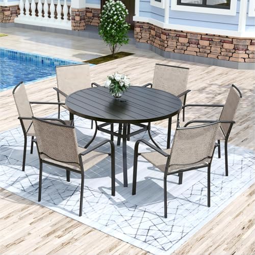 Image of Anmutig 7-Piece Outdoor Dining Set, 6 Stackable Sling Chairs & 48'' Round Table w /Umbrella Hole All Weather Furniture Set for Lawn,Deck,Backyard, Beige White Fabric