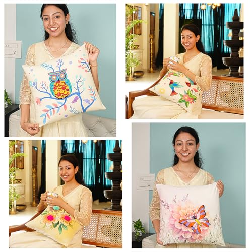 Image of picknMAKE Pack of 2 DIY Cushion Cover Hand Embroidery Kit for Beginners & Adults - Owl & Butterfly Medley | 16 inchx16 inch Cross-Stitch Pillow Covers with Digitally Printed Fabric, Threads, Hoop & More