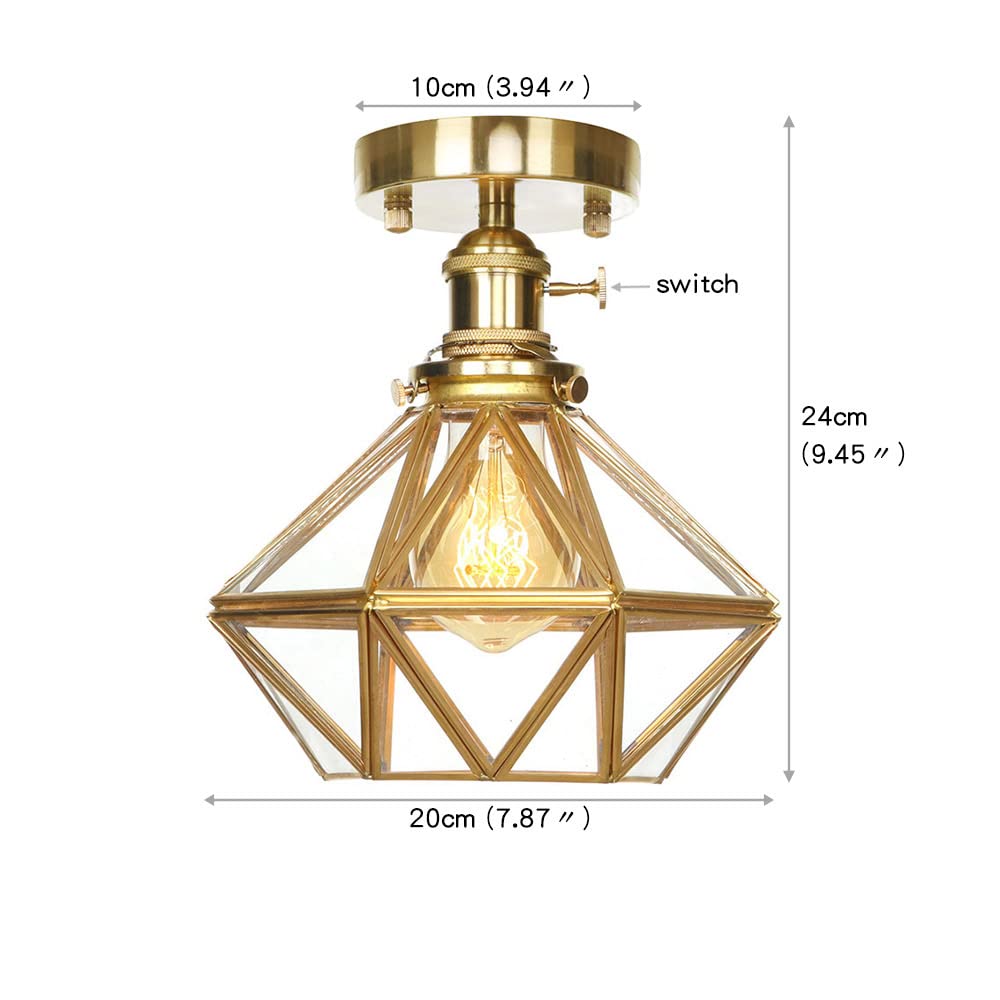 Lampa sufitowa, szklana lampa półmontażowa, 7,8 cala (19,8 cm) wysoka mosiężna lampa sufitowa w stylu Mid-Century, lampa do przedpokoju z 8-ramiennym kloszem diamentowym w kształcie gwiazd