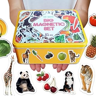 magdum 85 Photo Set Animals& Fruits& Vegetables in Gift Tin Box Refrigerator Magnets for Kids- Large Fridge Magnets for Toddlers- Learn Animals Toddlers Magnets for Fridge Kids Learning